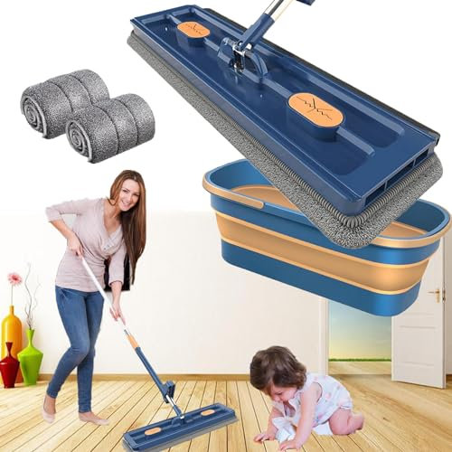Large Flat Mop In New 2024 Style, Teecomer Mop, Stylemop Pro With Bucket, Mycebal Mop, Large Flat Mop And Bucket System, Mops And Buckets, Bucket And Mop Set (Blue,2 Microfiber Pads)