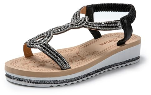 JOMIX Sandalias Mujer Verano con Banda Elástica Sandalias Plataforma Mujer Brillantes Sandalias Mujer Comodas Playa Piscina Mar, Negro, 38 EU
