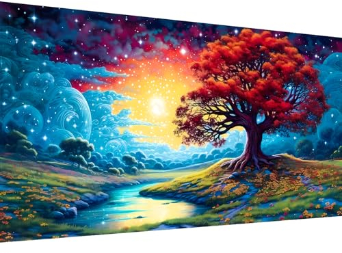 Hjjdiyes Malen Nach Zahlen Erwachsene Landschaft 90 X 40 Cm - Diy Bastelset Erwachsene Malen Nach Zahlen Groß xxl Blumen Wasser Handgemalt öLgemäLde Kit, Knitterfreie Leinwand (Mond baum)