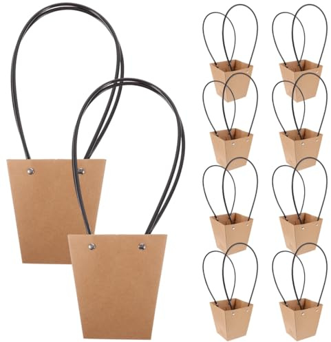 Lurrose 10 Stück Kraftpapiertüten für Blumen mit Henkel, Blumentüten | Robuste Kraftpapier-Taschen für Blumensträuße, mit Griff, ideal für Floristen, Hochzeiten, Geburtstage und Geschenke