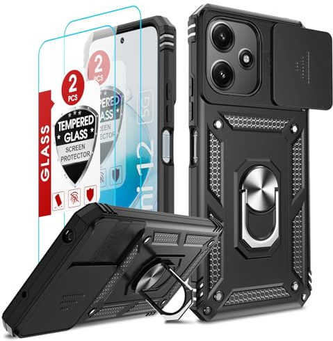 LeYi Kameraschutz Hülle für Xiaomi Redmi 12 4G / 5G (6.79) Handyhülle & 2 Schutzglas Folie,Ringhalter Ständer Case Kameraschieber Schutzhülle Militärische Note 12R Kantenschutz Handy Hüllen Schwarz