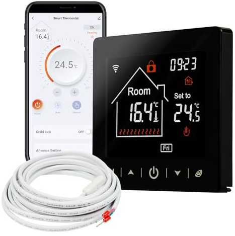 Mi-Heat M2 - Termostato digitale Wi-Fi e Bluetooth, colore nero, per riscaldamento a pavimento, acqua e riscaldamento elettrico a pavimento, valvola NC, WiFi, termostato intelligente per ambienti