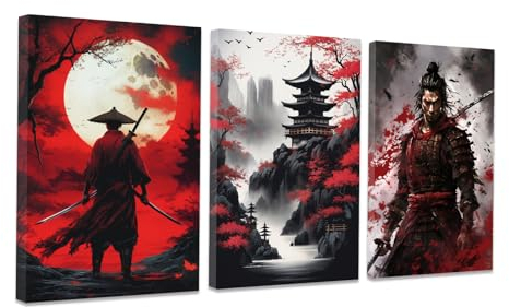 CCWACPP 3 Piece Samurai Wall Art Japan Painting Canvas Print Warrior Figure Pictures Bushido Posters Japanese Culture Theme Artwork Home Room Decor Framed (D, (40x60cmx3))