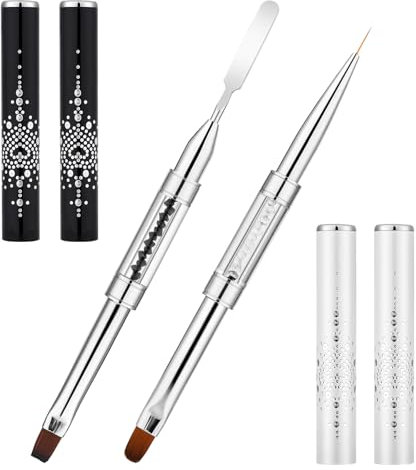 2pcs Hard Gel Nail Brush, French Tip Nail Gel Liner Brush, French Manicure Brush Builder Gel Brushes, Dual-Ended Nail Design Brushes Rhinestone Handle Nail Brush for Design Nails Professional Nail Art