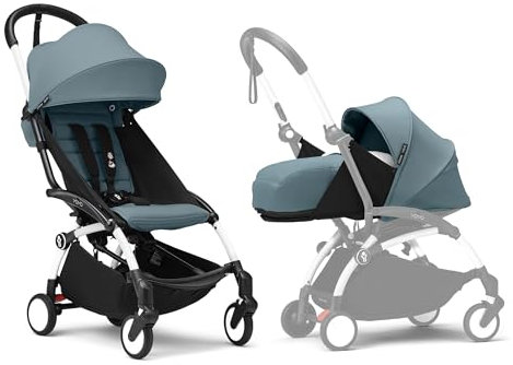 Stokke YOYO3 Kinderwagen mit Neugeborenen Set - Enthält weißem Rahmen, YOYO 6 + Textilset (Aqua) & 0 + Neugeborenen Set (Aqua)