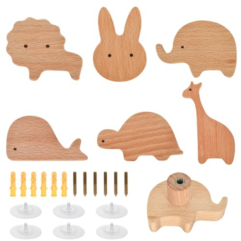 Cleminsta Tiradores de madera para cajones de animales, 6 unidades, para habitación infantil, 2 en 1, autoadhesivos, con tornillos, pomos de madera para cajones, armarios, cómodas, pomos de puerta,