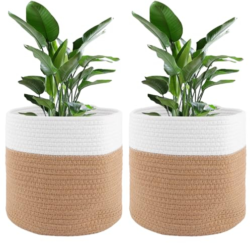 LDXDRU Lot de 2 Pots de Fleurs tressés, Panier pour Plantes d'intérieur, Cache Pot Plante Interieur, Panier de Rangement tissé en Coton à Linge pour Linge, Jouets (25 cm x 25 cm)