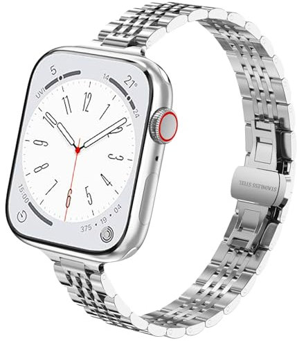 Bracelet étroit Compatible avec Apple Watch 38mm 40mm 41mm Réglable Montre en Métal en Acier Inox pour iWatch 9 8 7 6 5 4 3 2 1 SE Series de Apple Watch Band Femme, Argent