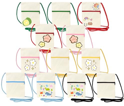 12 Stück Taschen zum Bemalen für Kinder Baumwolltasche Bunt 18 * 12cm Beutel zum Bemalen Umhängegeldbeutel Kinder Stofftaschen zum Bemalen Brustbeutel für Kindergeburtstag Party