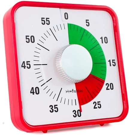 Temporizador de cocina FISHTEC mecánico y magnético – acero inoxidable – Pantalla de tiempo restante con alarma de sonido – Timer para cocinar, colegio, aula – 60 minutos (rojo, grande)