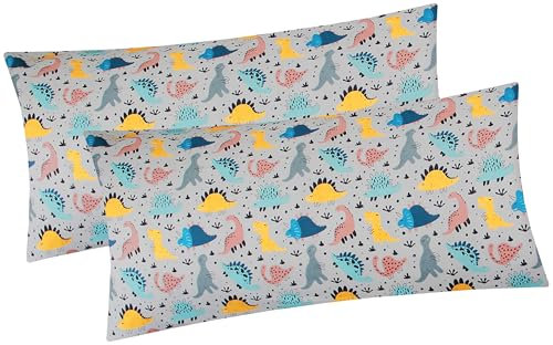 2er Set Kissenbezug in 40x80 cm Renforcé 100% Baumwolle - Dinos, Dinosaurier - Kopfkissen-Bezug, Kissenhülle, Dekokissenbezug (KY-Dino-Grau-40x80)