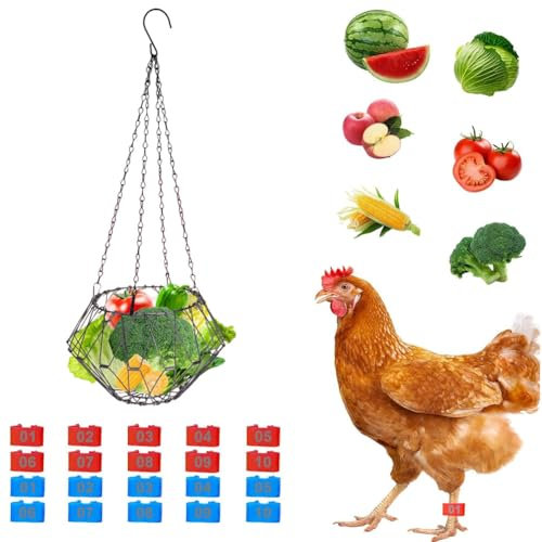 Hängende Huhn Obst Feeder Mit 20 Hähnchen Beinringe,Huhn Gemüsehalter für Hühnerkäfige,Hühner Spielzeug Zubehör Mit 17.7 inch Reißverschluss zum Aufhängen