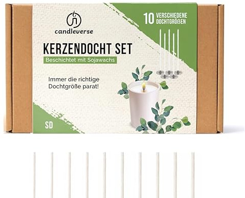 Candleverse Premium Kerzendochte SD Set | 100 Dochte (10 pro Größe) für Verschiedene Behältergrößen | Ideal für DIY-Kerzen | Inkl. 100 Dochtaufkleber