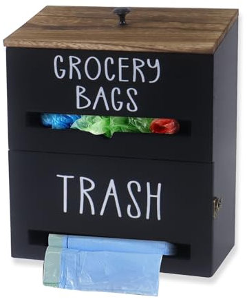 Xbopetda 2 in 1 Trash Bag Dispenser and Grocery Bag Storage Holder, Wooden Carrier Bag Dispenser Bin, Inside Cabinet Cupboard or Wall Mounted Garbage Bag Holder, Black Trash Bag Holder for Roll Bags