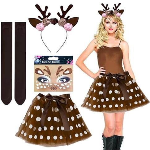 Rentier Haarreif, Halloween Kostüm Frauen, 5 Stück Faschingskostüme Damen Geweih Haarreif Tüllrock Gesichtsaufkleber Schwarze Overknee Socken Schleifenband, für Fasching Halloween Karneva Mottoparty