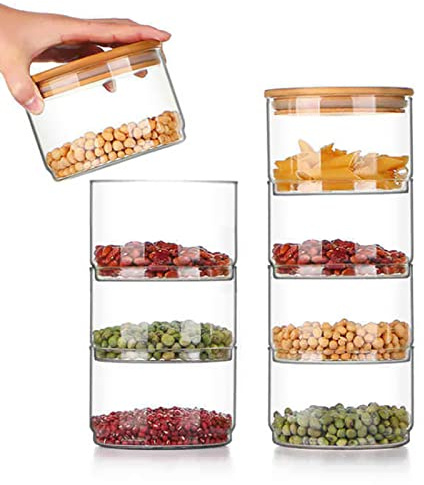 Greensen Pot en Verre Empilable avec Couvercle, Récipient à Céréales Hermétique à 3 Niveaux, Boîte en Verre pour Ondes, Organisateur de Stockage, Pot en Verre Transparent pour (4
