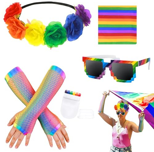 netzhandschuhe Faux Rainbow Flower Stretch Stirnband Regenbogen Haarreif Set + Regenbogen Accessoires + 5-teiliges Pride Set + inklusive Regenbogen Haarschmuck, Sonnenbrille, Handschuhe und mehr