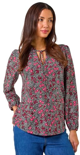 Roman Tie Neck Glitter Stretch Top for Women UK - Ladies Autumn Everyday Winter Holiday V-Neckline Comfy Long Sleeve Soft Elastic Cuff Party Shirt Desk to Dinner Blouses - Pink Floral - Size 18