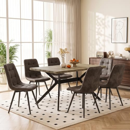 ANVOFONG Esstisch mit 6 Braun Stühlen,Table à Manger Couleur Noyer | Essgruppen Esstischmit technisches Esszimmerstühle,Rechteckig Esstisch aus Holz,für Küche Esszimmer und Wohnzimmer