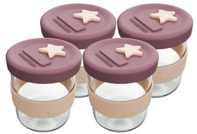 Cherub Baby Durable Non-Toxic BPA Free, Leak-Proof, Microwave, Oven, Freezer Safe Silicone & Glass Baby Food Storage Container Jar with Airtight Lid Pack of 4 180ml (Dusty Rose/Sand)