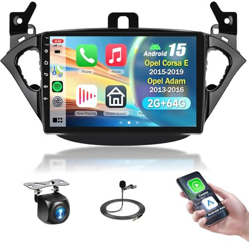 2G&64G 9 Autoradio per Opel Corsa E 2015-2019/Opel Adam 2013-2016 con Carplay Android Auto Wireless Android 15,touchscreen Bluetooth RDS/FM Radio,Wi-Fi Navi/Telecamera posteriore AHD