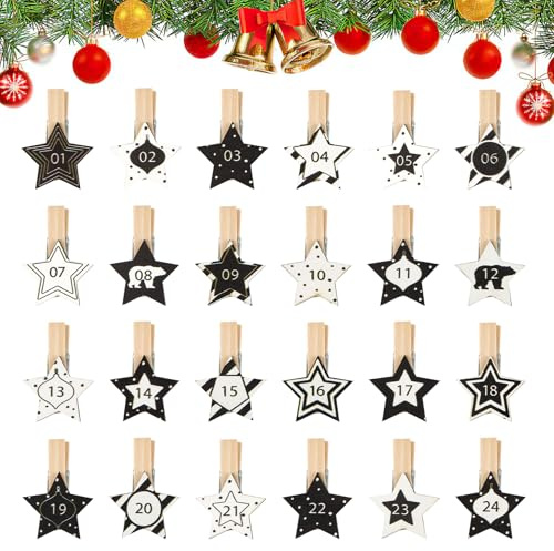 24 Stück Adventskalender Klammern 1–24, Adventskalender Zahlen Holz | Sternförmige Holzklammern in Schwarz Weiß Adventskalender Klammern 1–24 mit Zahlen für Weihnachtskalender zum Basteln Deko