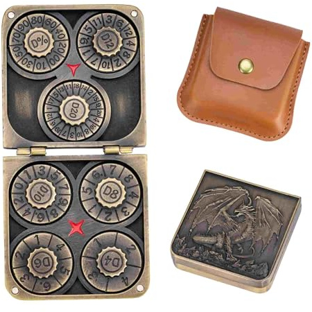 Cusdie 7-in-1 Faltbarer Spinner Metall DND Würfel Set mit PU Leder Tasche - Kompaktes Design mit D4, D6, D8, D10, D12, D20, D% für Rollenspiel-Geschenke