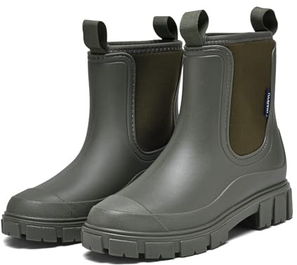 GemChve Gummistiefel Damen Gefüttert Wasserdicht Gummistiefel Halbhohe Chelsea Boots rutschfeste Stiefeletten Regenstiefel Regenschuhe Gummistiefeletten Warm Gartenschuhe Green 36EU