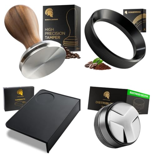 Barista Legends® Perfekt Shot Set – Tamper, Distributor Tool, Dosierring & Tampermatte | Profi Espresso Zubehör für Siebträger | Optimale Extraktion & Perfekter Espresso
