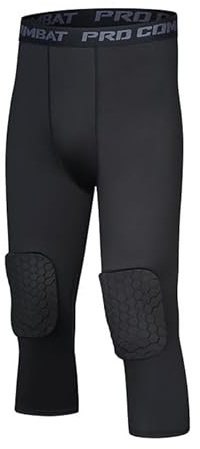 Dermonem Men Sport Basketball Tight Capri Pants with Knee Pads Quick-Drying Leggings (UK, Waist & Inseam, L, 45, Black)