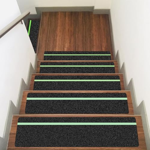 Gradini antiscivolo fosforescenti 15x76cm, confezione da 10, impermeabili | Superficie abrasiva ad alta trazione. Brilla al buio, ideale per scale esterne, facile da applicare, con rullo.