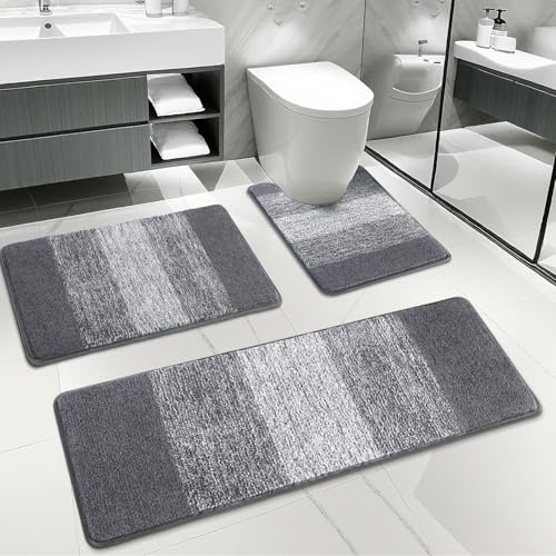 Enyhom Badezimmerteppich Set 3 Teilig, Weich Dicker Mikrofaser Badematte und WC Toiletten Teppich, Grau Badteppich rutschfest Waschbar, Super Saugfähig Schnelltrocknend Badgarnitur 3 Teilig Stand WC
