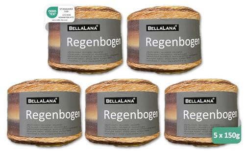 BellaLana Wolle Regenbogen - Farbverlaufs-Garn zum Stricken & Häkeln - 48% Polyester, 27% Polyacryl, 20% Recycelte Baumwolle - Lauflänge 330m/150g, Nadelstärke 4-5, 5 x 150g - Mocca