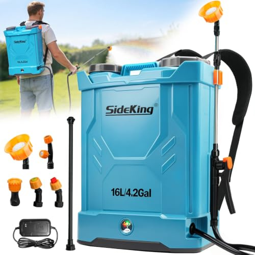 SideKing Pompa Irroratrice a Batteria 16 Litri, Atomizzatore a Spalla con 5 Ugelli, Pressione Regolabile 8,3 Bar, Batteria 4000mAh, Pompa per Diserbante per Giardino, Diserbante e Pulizia Tetti