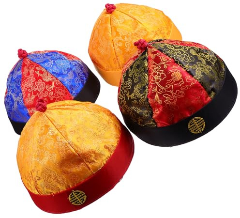 Parliky Lot de 4 Chapeaux Vintage en Tissu Brocart avec Tresses, Taille 9 pour Adulte, Chapeaux D'empereur Chinois Style Masque de Théâtre, Accessoires de Déguisement pour Spectacles