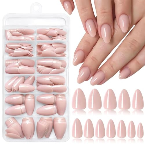 LunarCharm 240 Pieces Almond-Shaped Press-on Nails, Short Acrylic Full Cover False Nails for Women and Girls, 12 Sizes, Nude