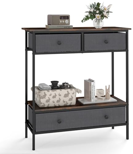 GIANTEX Table console avec 3 tiroirs pliables et compartiment de rangement ouvert, table d'entrée avec cadre en métal, table d'exposition rustique pour salon, couloir et entrée, 80 x 30 x 85,5 cm