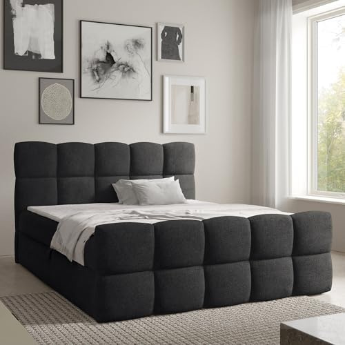 Home Collective Boxspringbett Polsterbett Doppelbett Bubble Bett mit Stauraum viele Größen und Farben | Topper inklusive | modernes Design Schlafzimmer Jugendzimmer Möbel | Schwarz 140x200 cm