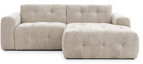Modernes Ecksofa mit Ottomane rechts und raffinierten Steppungen, B234/T161/H79 cm, mit Wellenunterfederung, angenehm weicher, strapazierfähiger Chenille-Bezug in Sand Grau / 21037