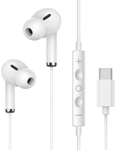 Auriculares USB C para iPhone 17 16 15 Pro Max, Auriculares Tipo C con Micrófono y Control Remoto, Cancelación Ruido Auriculares por Cable USB C para Galaxy S24 S23 S22 S21 Ultra, Pixel 8 9, Blanco