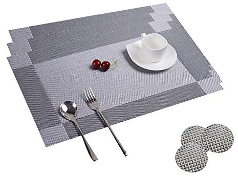 Tableau Mats Ensemble De 8, Table à Manger Napperons, Pvc RéSistant Style éLéGant Avec Rectangle De DéCoration à Bordure Unique 45X30cm Et Ensembles De 8 Sous Verres Pour La Cuisine(Argent)