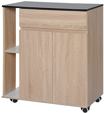 HOMCOM Chariot de Service desserte de Cuisine à roulettes Multi-rangements Placard Double Portes + 2 étagères + tiroir Panneaux Particules chêne Noir