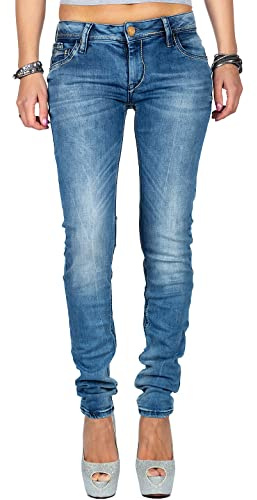 Cipo & Baxx Damen Jeans | Slim Fit & Used Look | Modische Kontrastnähte & Mehrtaschen | Bequeme Stretch-Jeans in Blau & Schwarz