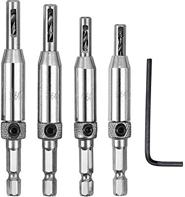 Haobase 4 brocas de bisagra, boquilla de aire autocentrada, juego de brocas para sierra perforadora, herramienta para bisagras, guías de cajones con 1 llave hexagonal