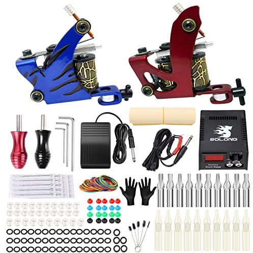 Solong Tattoo® Tattoo-Kit 2 Tattoo-Maschine Stromversorgung Plug In Pedal Nadeln Griffe Tipps TK210