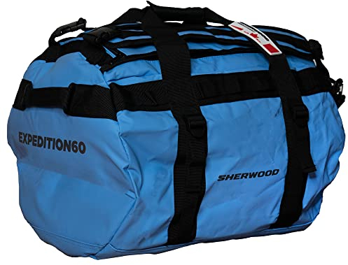 SHER-WOOD Reisetasche Expedition, Sporttasche mit 60 l Volumen, Tasche mit Rucksackfunktion, Travelbag wasserdicht, Duffel Bag blau