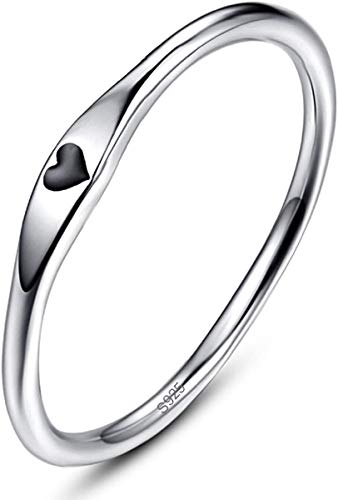BONLAVIE 925 Sterling Silber einfache Carve Herz Hochzeit Band stapelbar Versprechen Ring für Sie (62 (19.7), A-Silber-Schwarz)