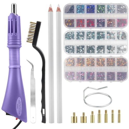 SWAWIS Hotfix Strasssteine Applikator Hotfix Applikator 3 Boxen Mix Farbe Flache Glitzersteine Strasssteine für Textilien Hotfix Strass Applikator Set mit 7 Applikatorspitzen, Violett