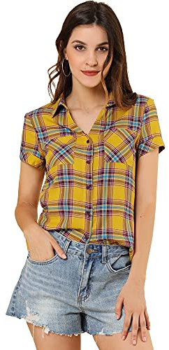 Allegra K Chemise boutonnée à Carreaux décontractée pour Femme Jaune M
