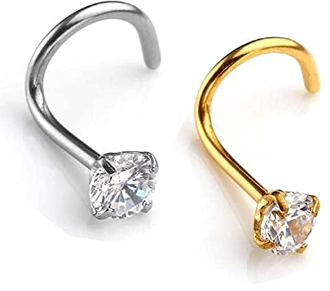 JSDDE 2pcs 20G Curved Nose Studs Stainless Steel Cubic Zircon Nose Ring Body Piercing, Silver+Gold